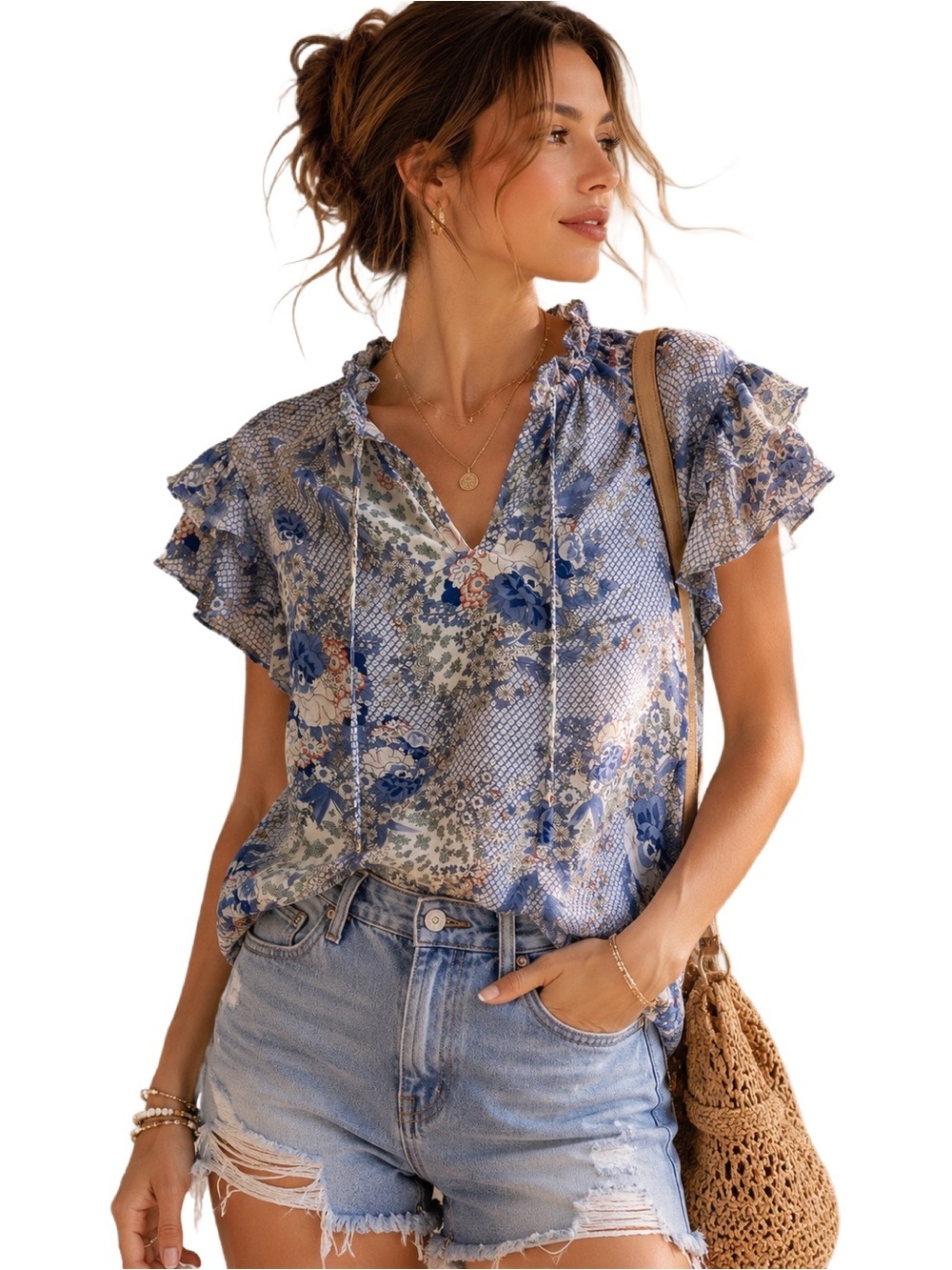 Joie Ruffle Short Sleeve patterned blouse in blue, size small 🌸